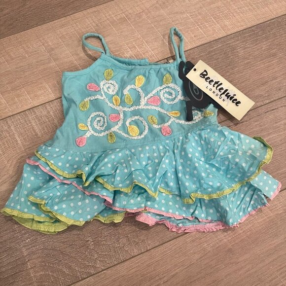 BEETLEJUICE LONDON GIRLS RUFFLE AQUA TIERED POLKA DOT TANK SHIRT SIZE - Picture 1 of 6
